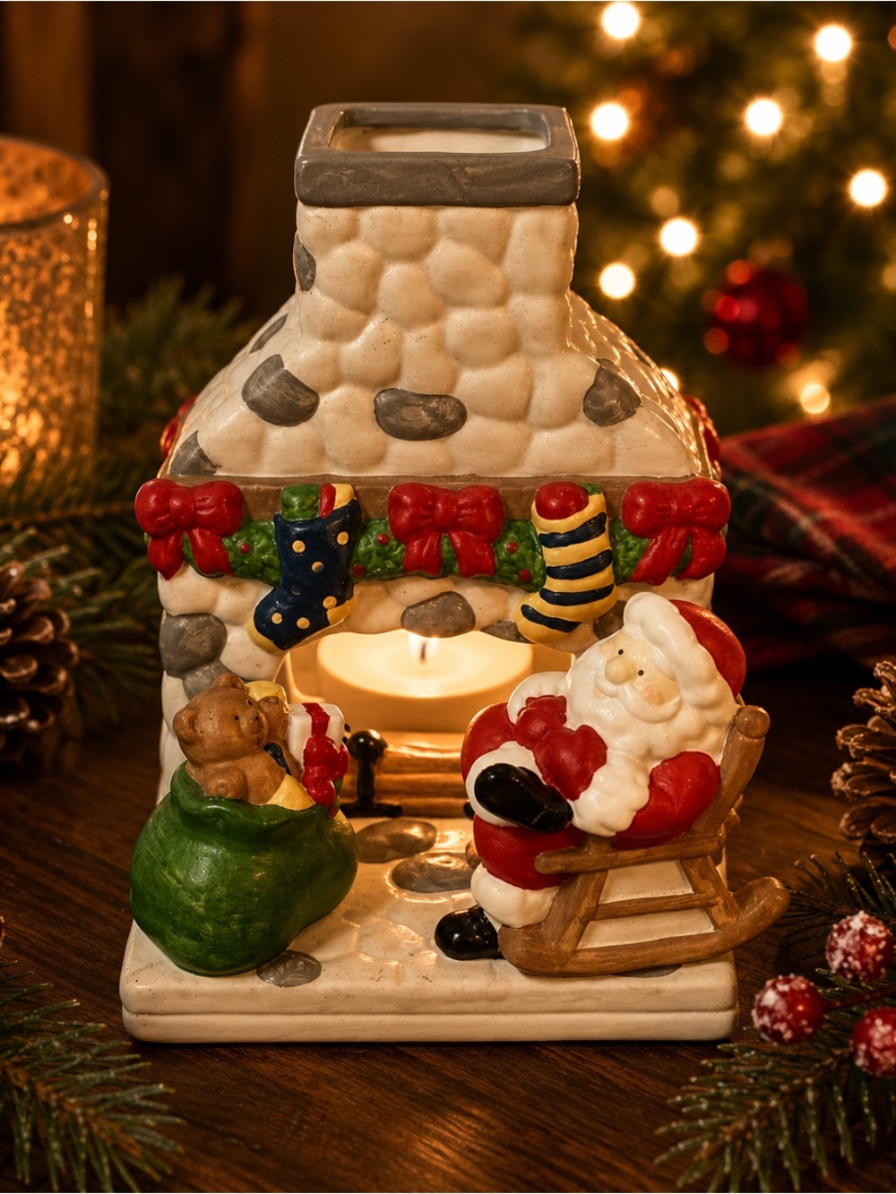 Vintage Santa by the Fireplace Ceramic Tealight Holder – Christmas Décor 2 of 2